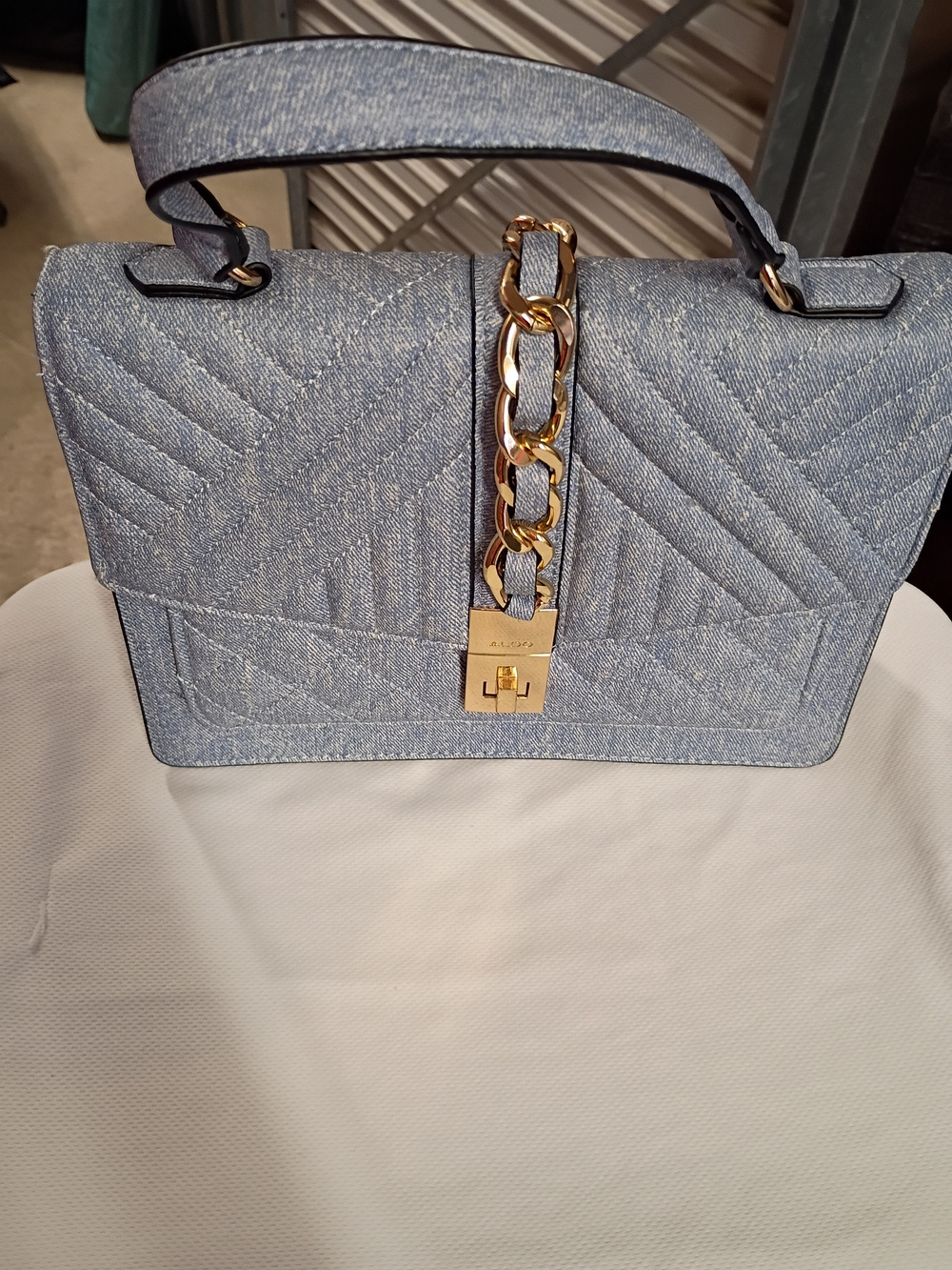 Aldo Light Blue Quilted Denim Hobo with Gold Chain